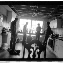 Candid photo in the kitchen old Bottleneck Distribution centre in Oakland CA, 1999.